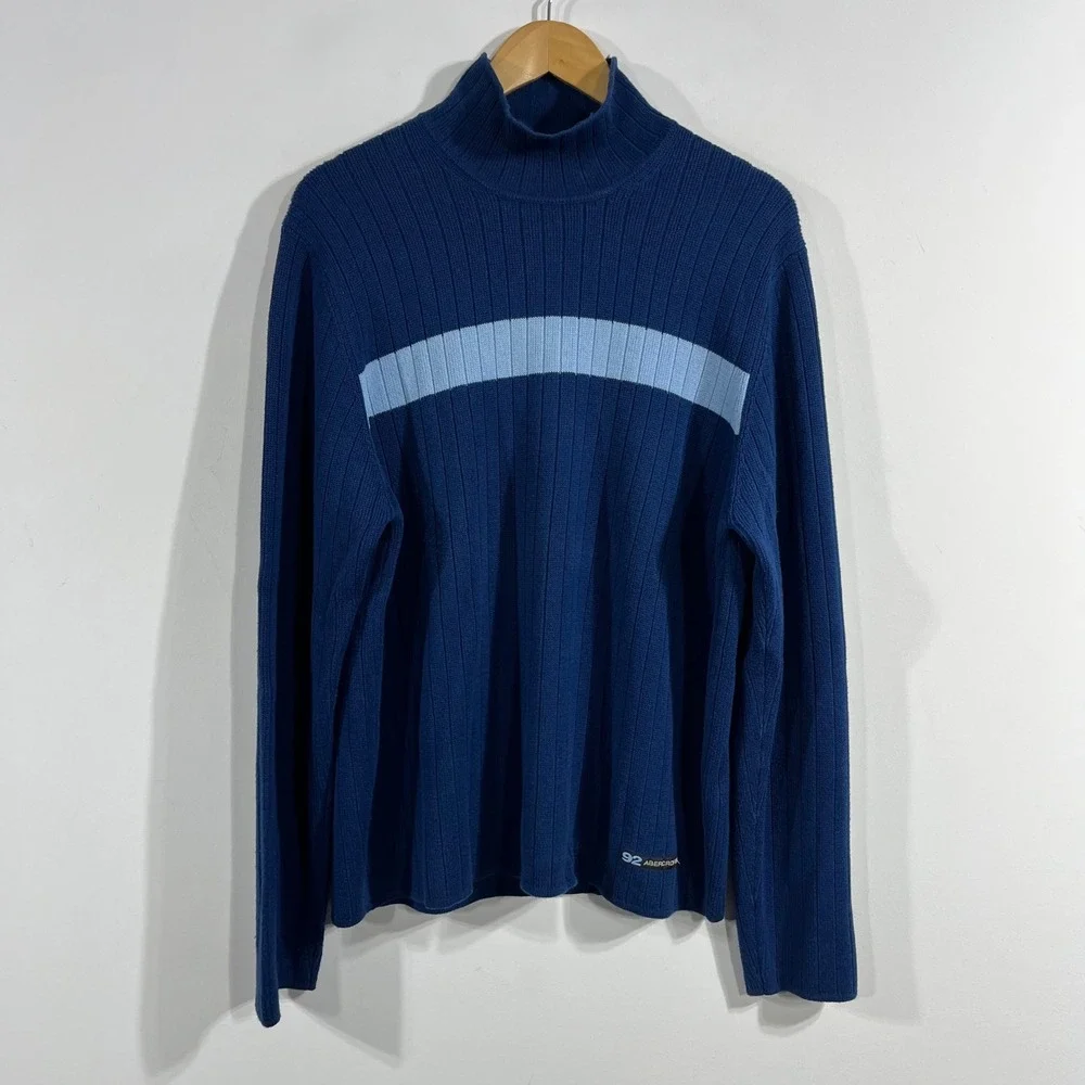 VTG 90s Abercrombie & Fitch Blue Preppy Ribbed Mock Neck Stripe Sweater Mens XL
